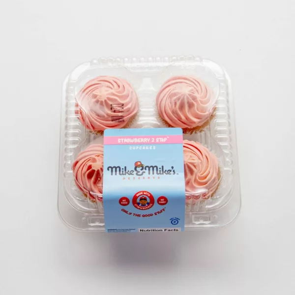 A container of Mike & Mike's strawberry cupcakes.